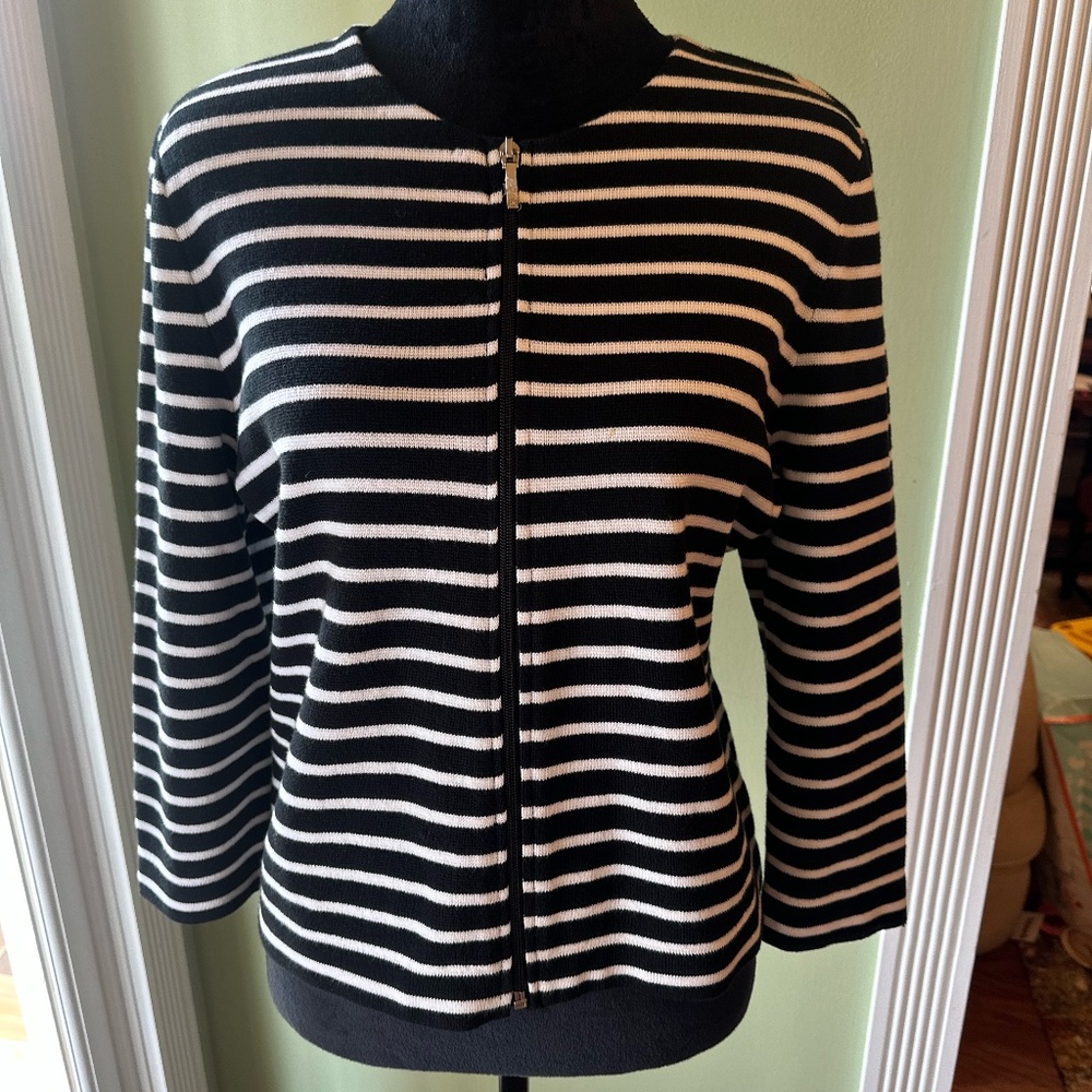 Chaps Black & White Striped Career Cardigan Sweater Zip Front Size Large NWOT